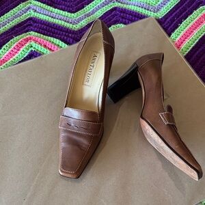 Ann Taylor Brown Leather Block Heel Loafers